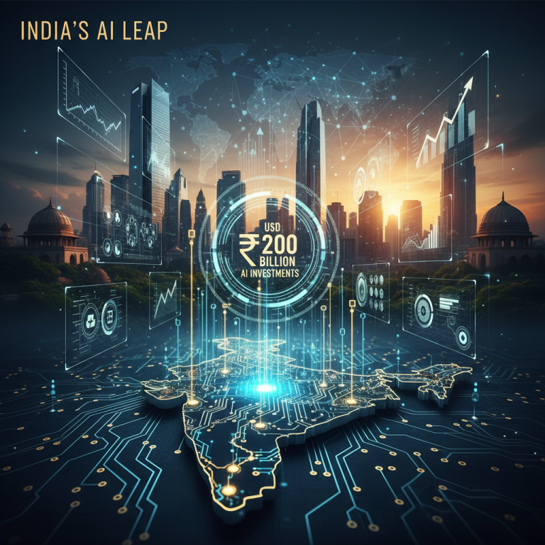 A futuristic, professional image showing a map of India connected by circuits to a cityscape, with a large "₹200 Billion AI Investments" graphic at the center.