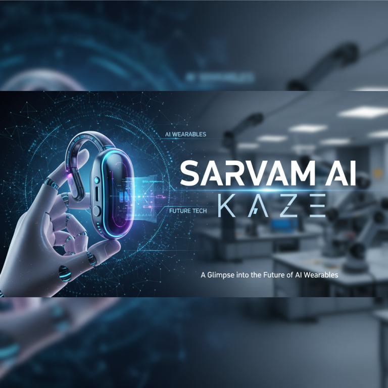 A robotic hand holding an futuristic AI wearable device with "Sarvam AI Kaze" and "Future Tech" text.