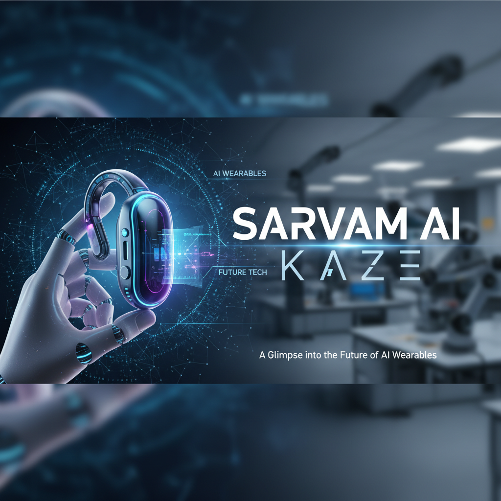 A robotic hand holding an futuristic AI wearable device with "Sarvam AI Kaze" and "Future Tech" text.
