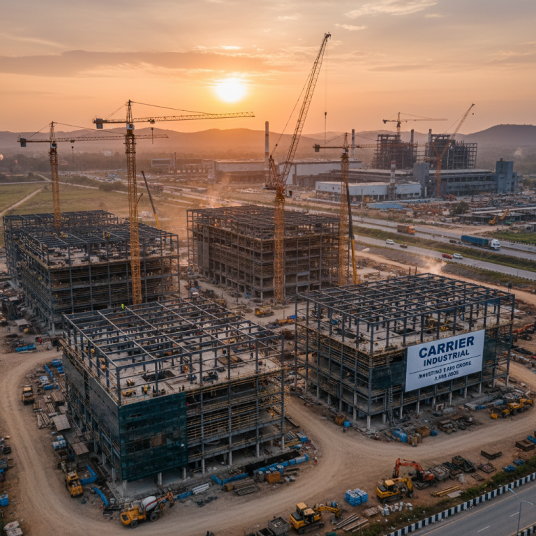 An aerial view of a massive industrial construction site with multiple buildings under construction and cranes against a sunset.