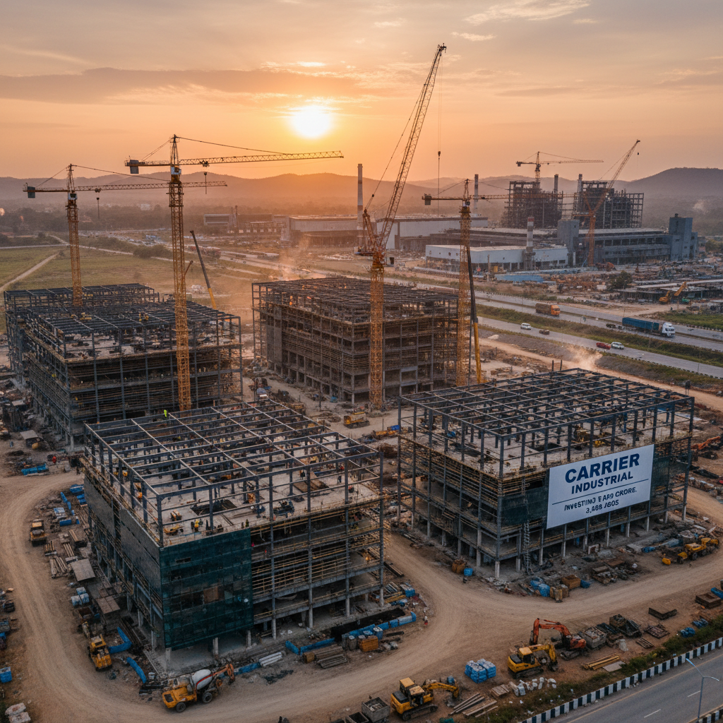 An aerial view of a massive industrial construction site with multiple buildings under construction and cranes against a sunset.