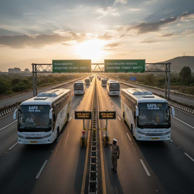 Professional image of tourist buses on a highway with road safety signage.