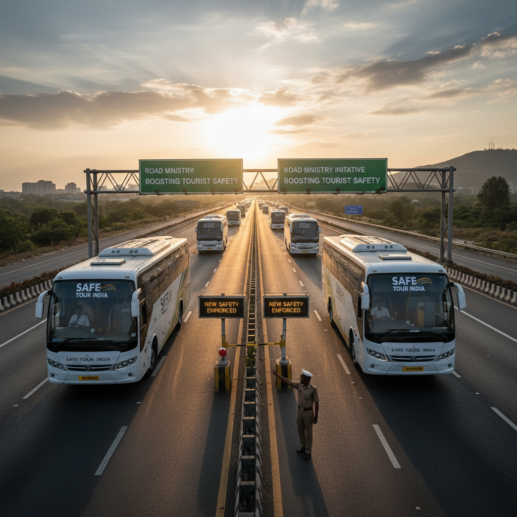 Professional image of tourist buses on a highway with road safety signage.