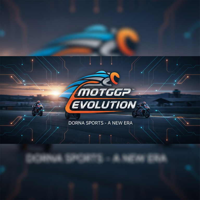 Dynamic graphic blending the "MotoGP Evolution" logo with a racetrack at sunset, featuring blurred racing motorcycles.