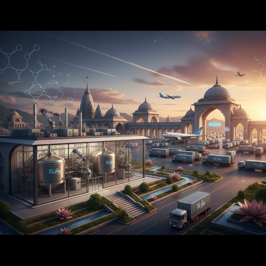 A modern pharmaceutical manufacturing facility in India with "ELI LILLY" branding, surrounded by traditional Indian architecture and a bustling logistics hub at sunset.
