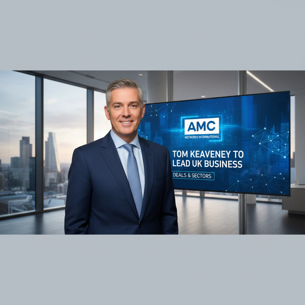 Tom Keaveney, a man in a suit, smiles in a modern office with "AMC Networks International" on a screen.