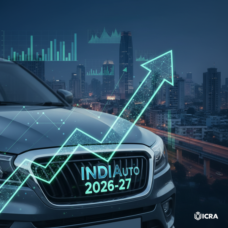 A modern car with an upward-pointing arrow overlay, symbolizing growth in the Indian auto sector by 2026-27, with city lights and financial charts in the background.