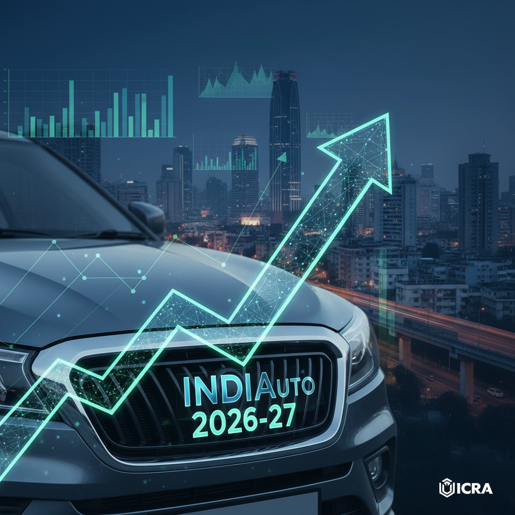 A modern car with an upward-pointing arrow overlay, symbolizing growth in the Indian auto sector by 2026-27, with city lights and financial charts in the background.