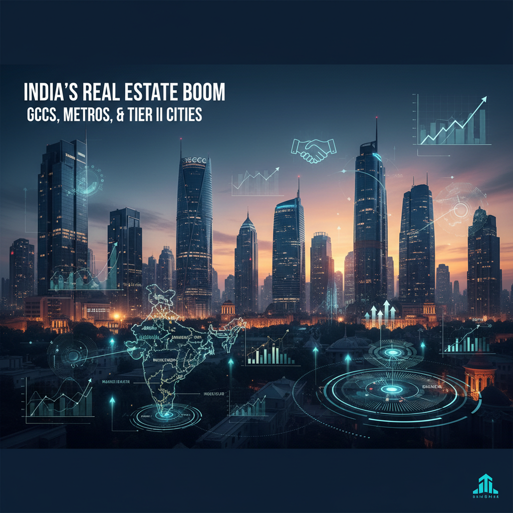 A modern city skyline at dusk with an overlay of a glowing map of India highlighting major cities and real estate data visualizations.