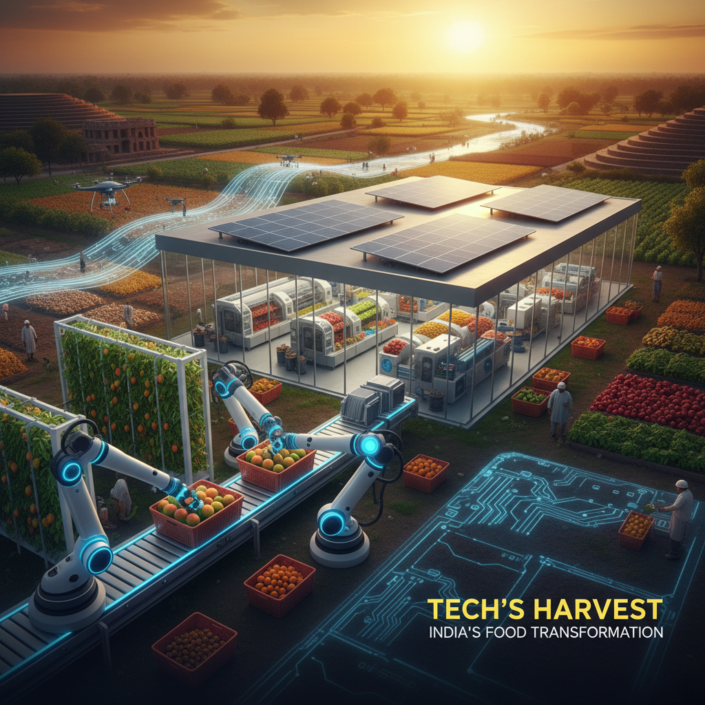 Robotic arms process food in a high-tech facility surrounded by agricultural fields at sunset, illustrating technological transformation.