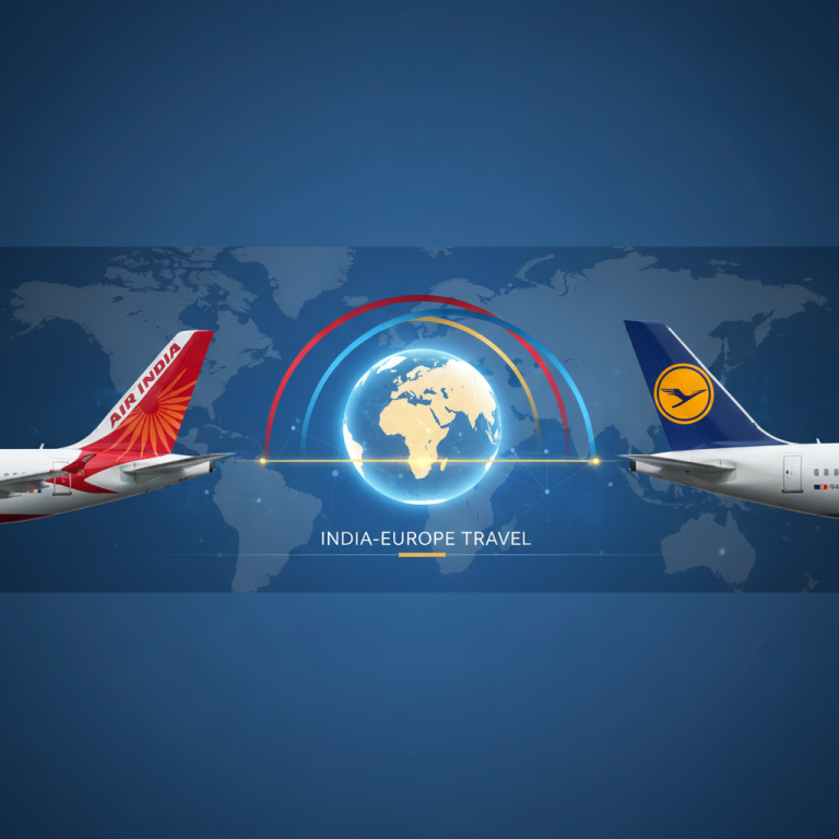 Air India and Lufthansa plane tails with a glowing globe and connecting lines, symbolizing their new partnership.