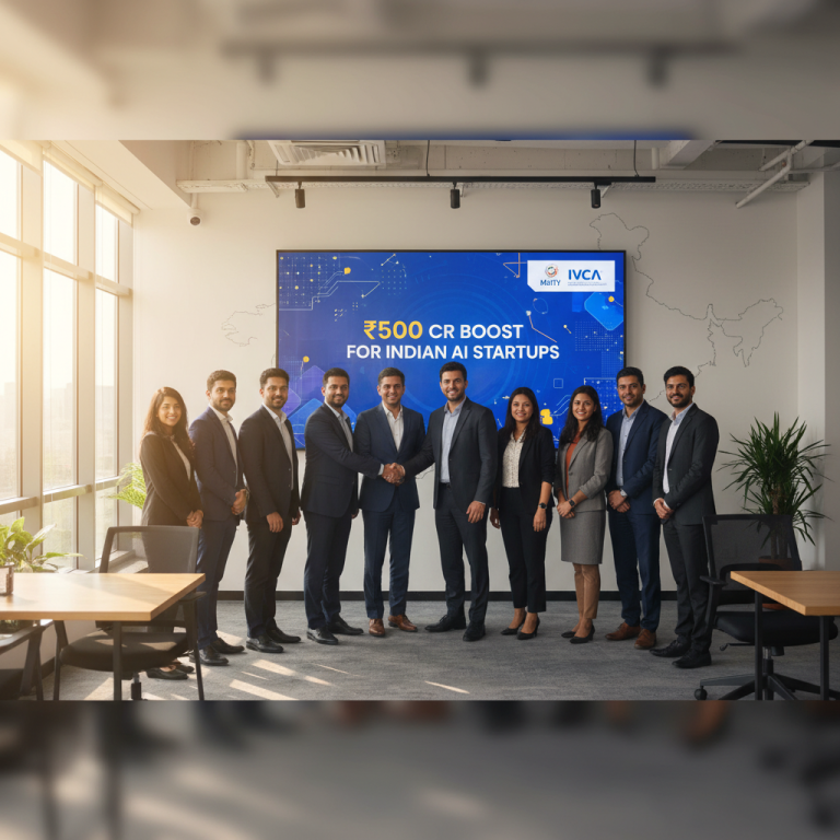 Professionals shaking hands in a modern office with a screen displaying "₹500 Cr Boost for Indian AI Startups."