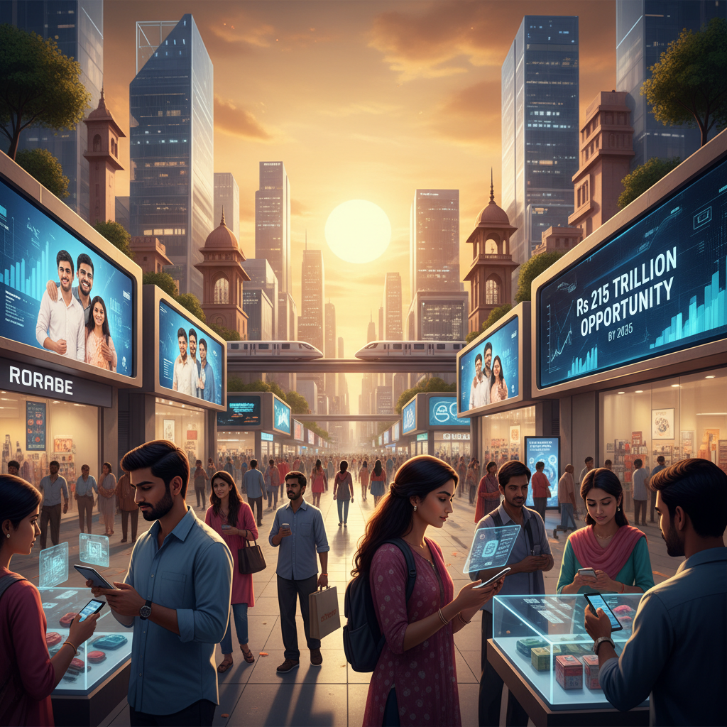 A bustling Indian street scene with modern skyscrapers, digital billboards, and people engaging with retail technology.