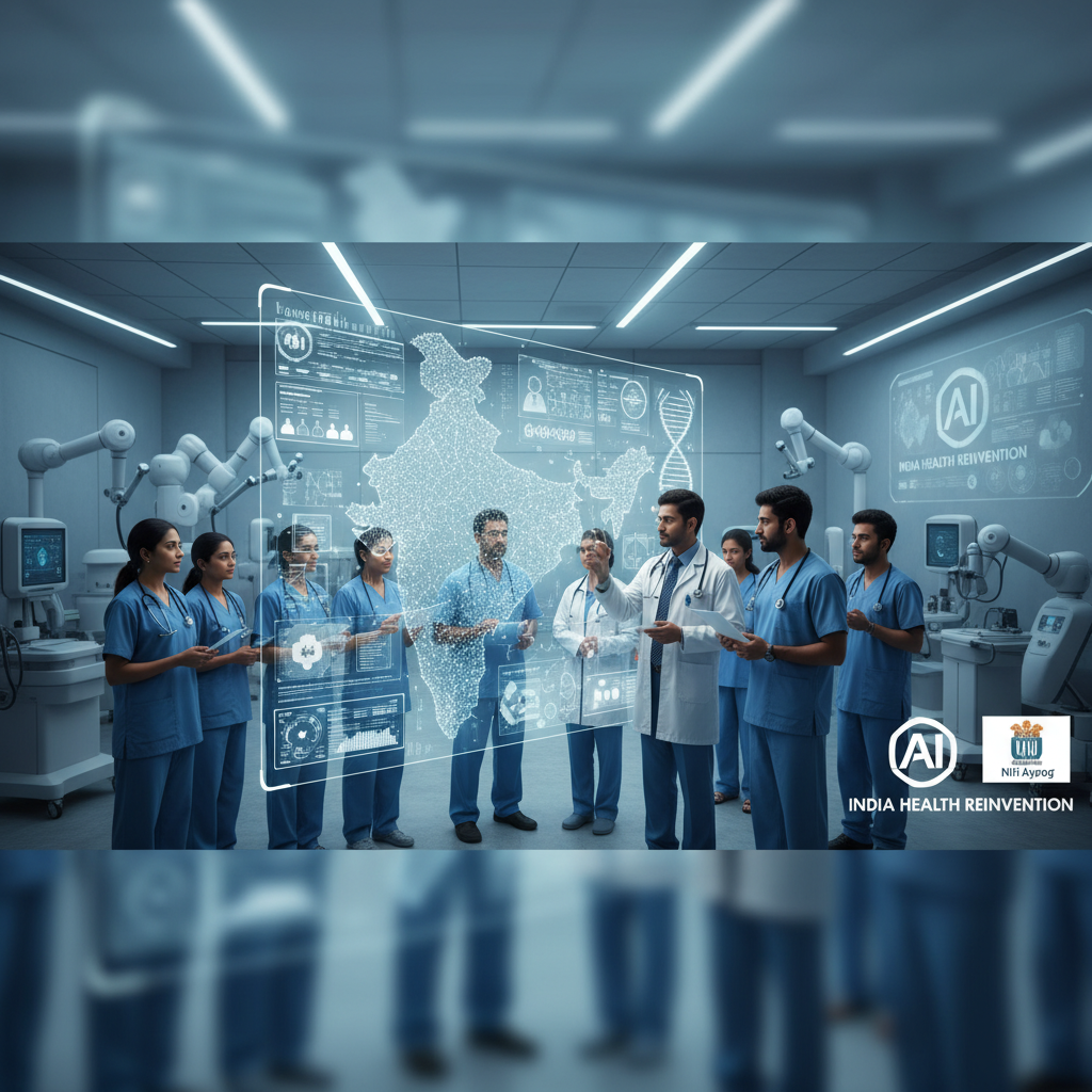 Doctors and medical staff using AI with a holographic map of India in a futuristic hospital.