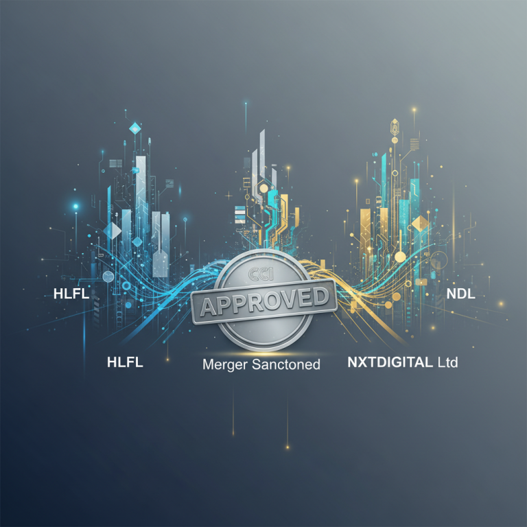 An image representing the merger of two companies, with abstract financial graphics and a prominent approval stamp.