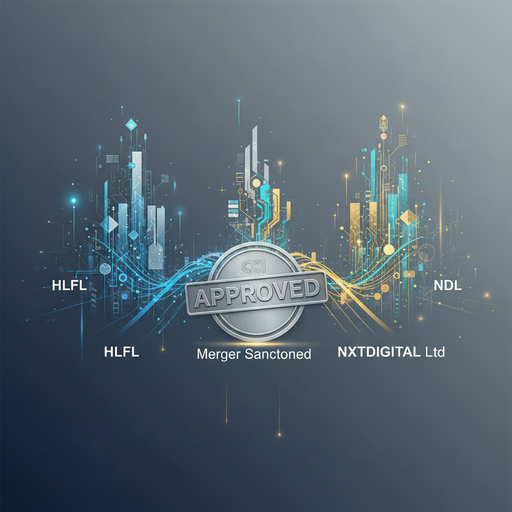 An image representing the merger of two companies, with abstract financial graphics and a prominent approval stamp.