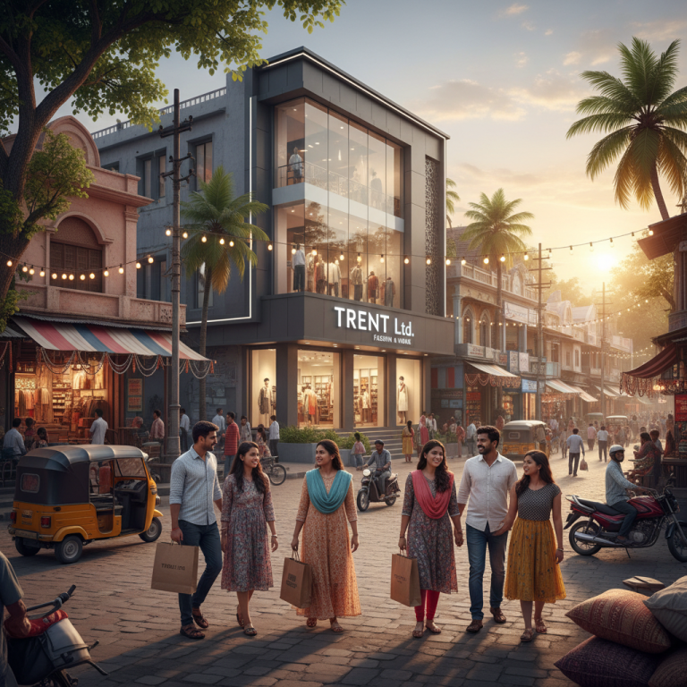People carrying shopping bags walk past a modern Trent Ltd. store in a vibrant Indian small town street at sunset.