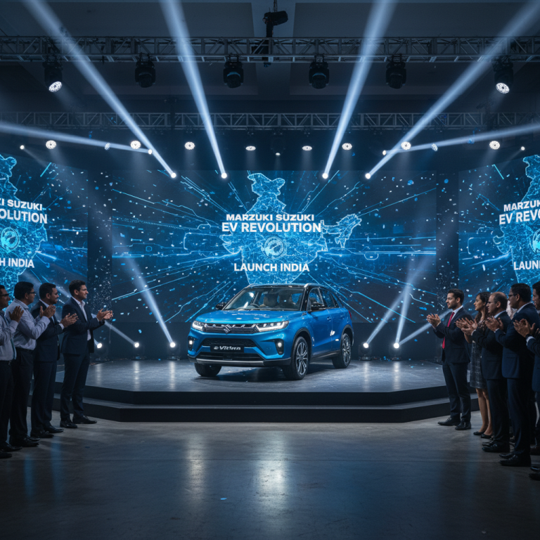 A blue Maruti Suzuki e-Vitara electric car on a stage, surrounded by applauding executives, with a digital map of India in the background.