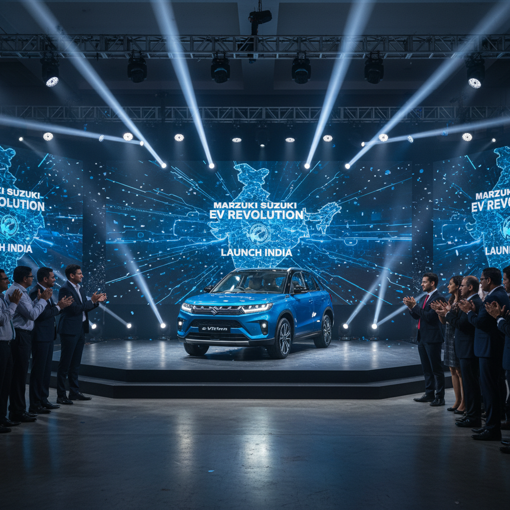 A blue Maruti Suzuki e-Vitara electric car on a stage, surrounded by applauding executives, with a digital map of India in the background.
