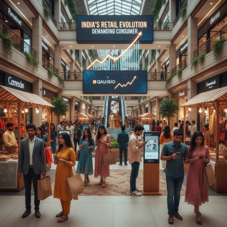 A busy, modern Indian shopping mall with traditional market stalls and digital screens showing growth trends.