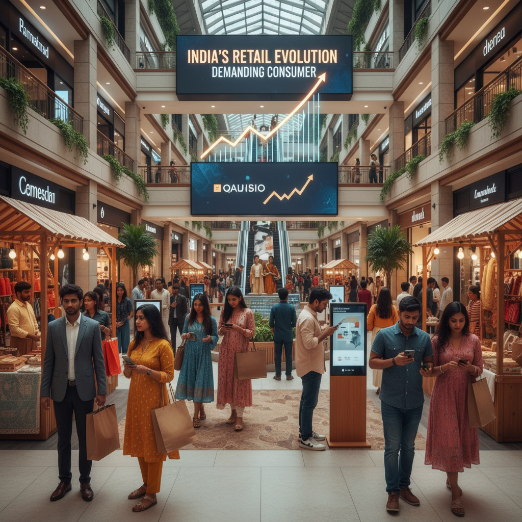 A busy, modern Indian shopping mall with traditional market stalls and digital screens showing growth trends.