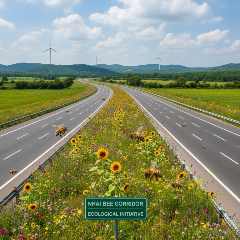 A vibrant median of wildflowers between a highway, with bees flying around, and wind turbines in the background.