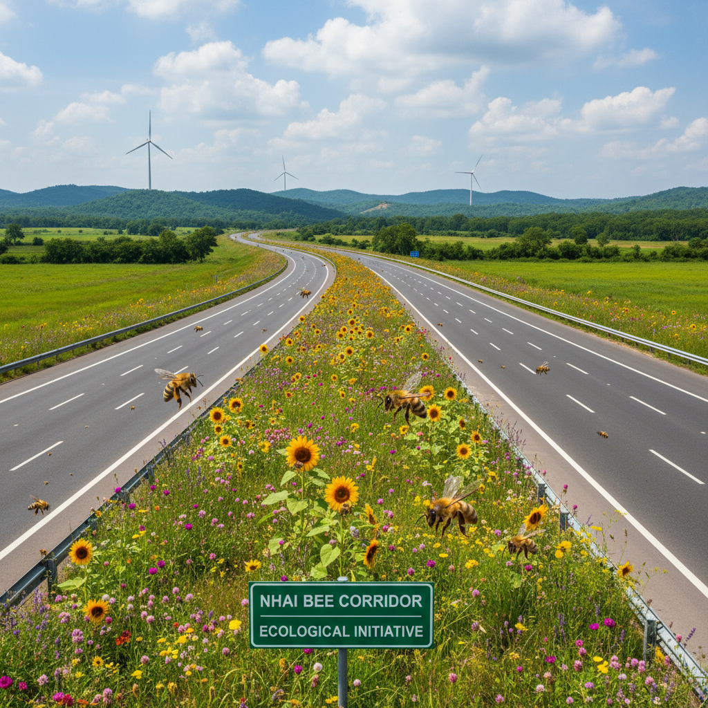 A vibrant median of wildflowers between a highway, with bees flying around, and wind turbines in the background.
