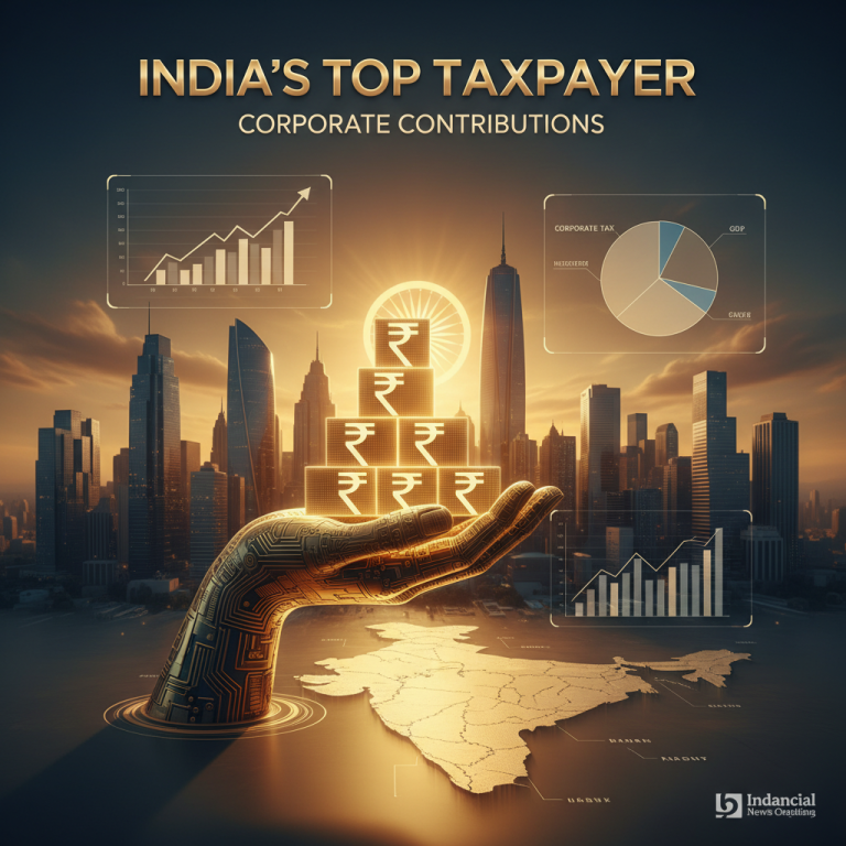 A digital hand holding stacked rupee symbols against a backdrop of the Indian skyline with economic charts.