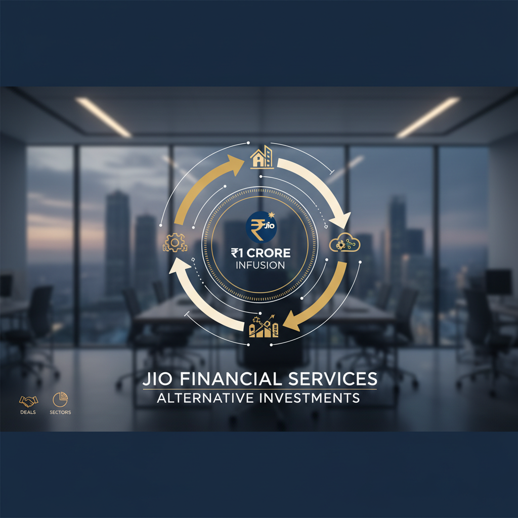 A professional image representing Jio Financial Services' entry into alternative investments, featuring their logo and financial symbols.