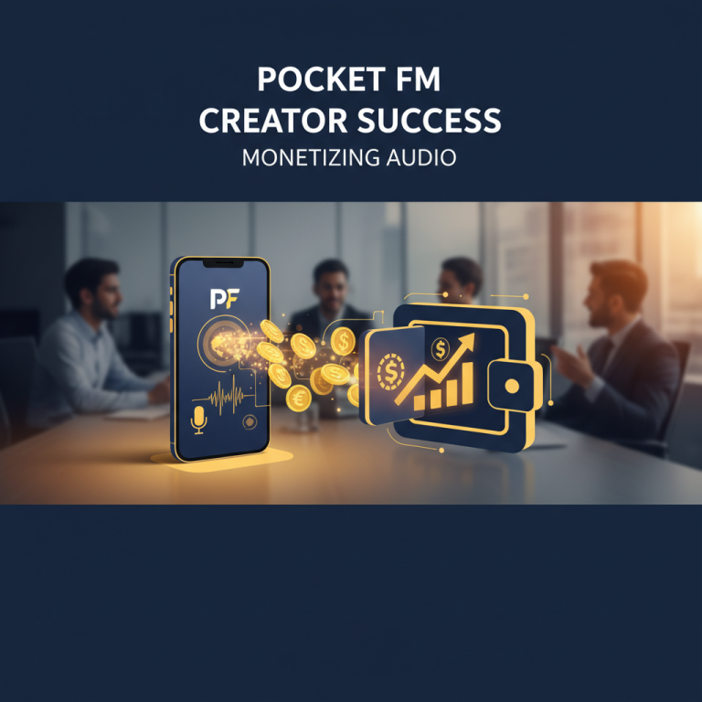 A smartphone with audio waveforms and coins flowing into a wallet icon, symbolizing audio content monetization.