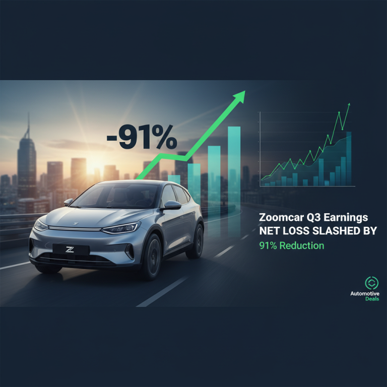 A modern car drives on a road with city background, a green arrow points up next to a "91%" reduction text.