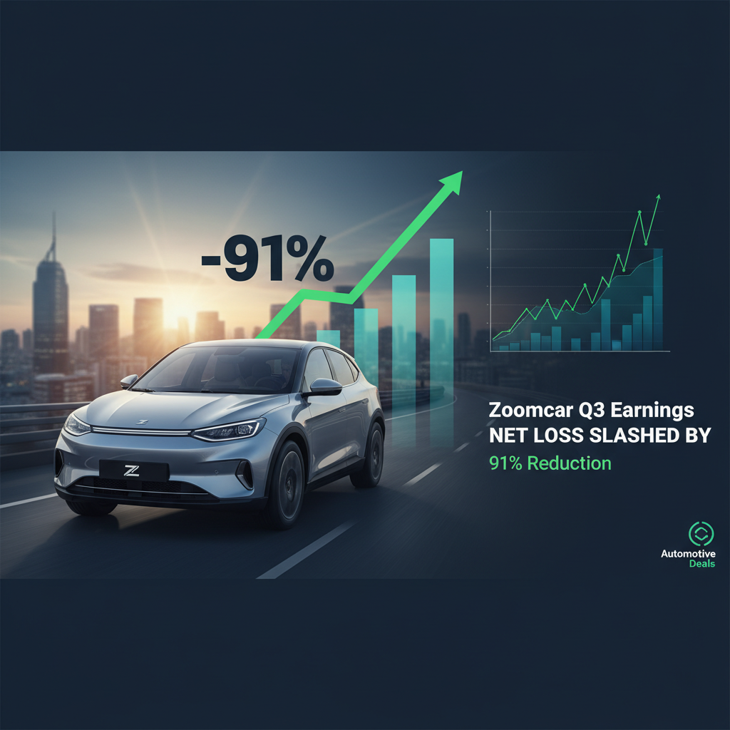 A modern car drives on a road with city background, a green arrow points up next to a "91%" reduction text.