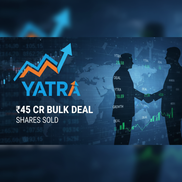 A professional image showing a stock chart with an upward arrow, the Yatra logo, two business people shaking hands, and text "₹45 Cr Bulk Deal, Shares Sold".