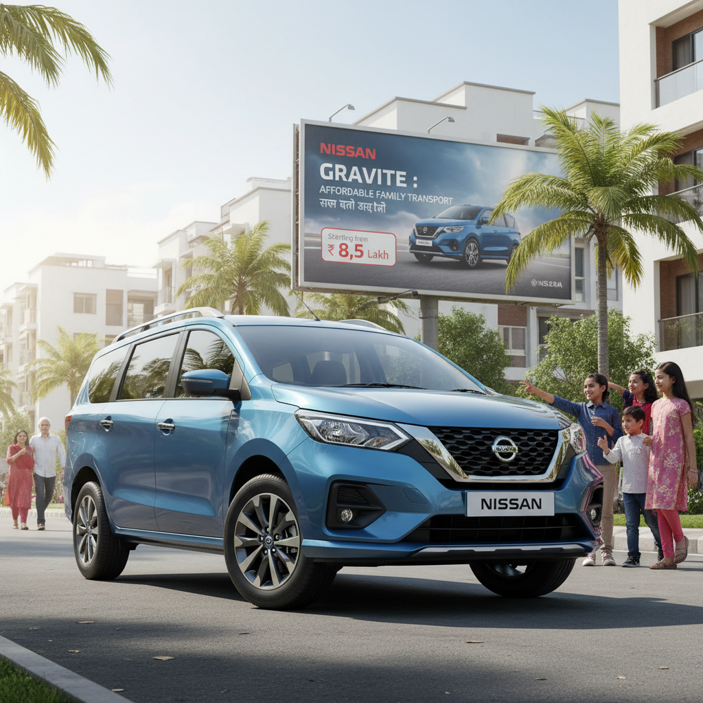 A blue Nissan Gravite MPV parked on a street in India with a family admiring it, and a billboard in the background.