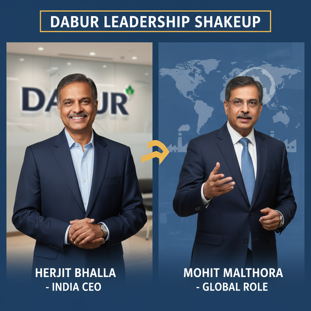 Side-by-side portraits of Herjit Bhalla and Mohit Malhotra, highlighting their new leadership positions at Dabur.