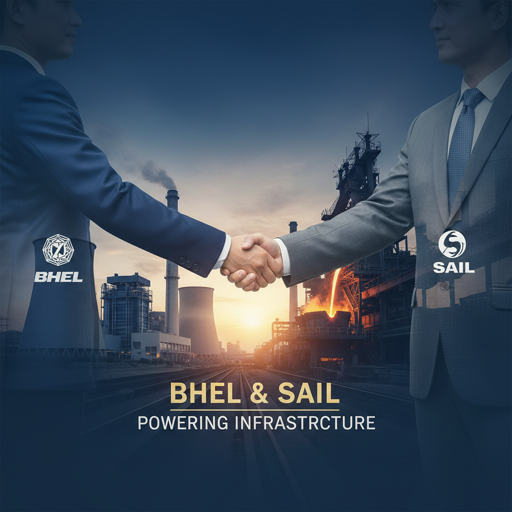 Two businessmen shaking hands in front of a power plant and steel factory at sunset. Logos for BHEL and SAIL are visible.
