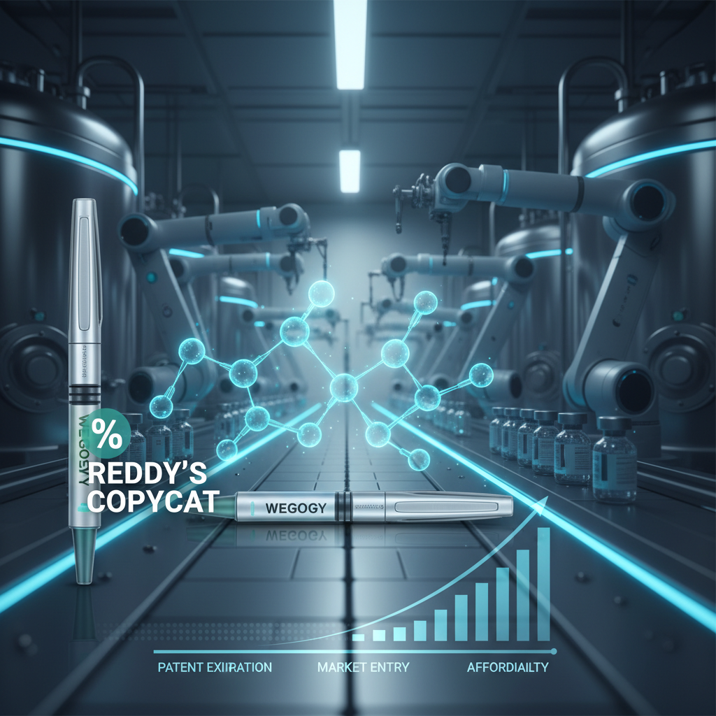 A professional, sleek image featuring a pharmaceutical manufacturing setting with robotic arms and large tanks.