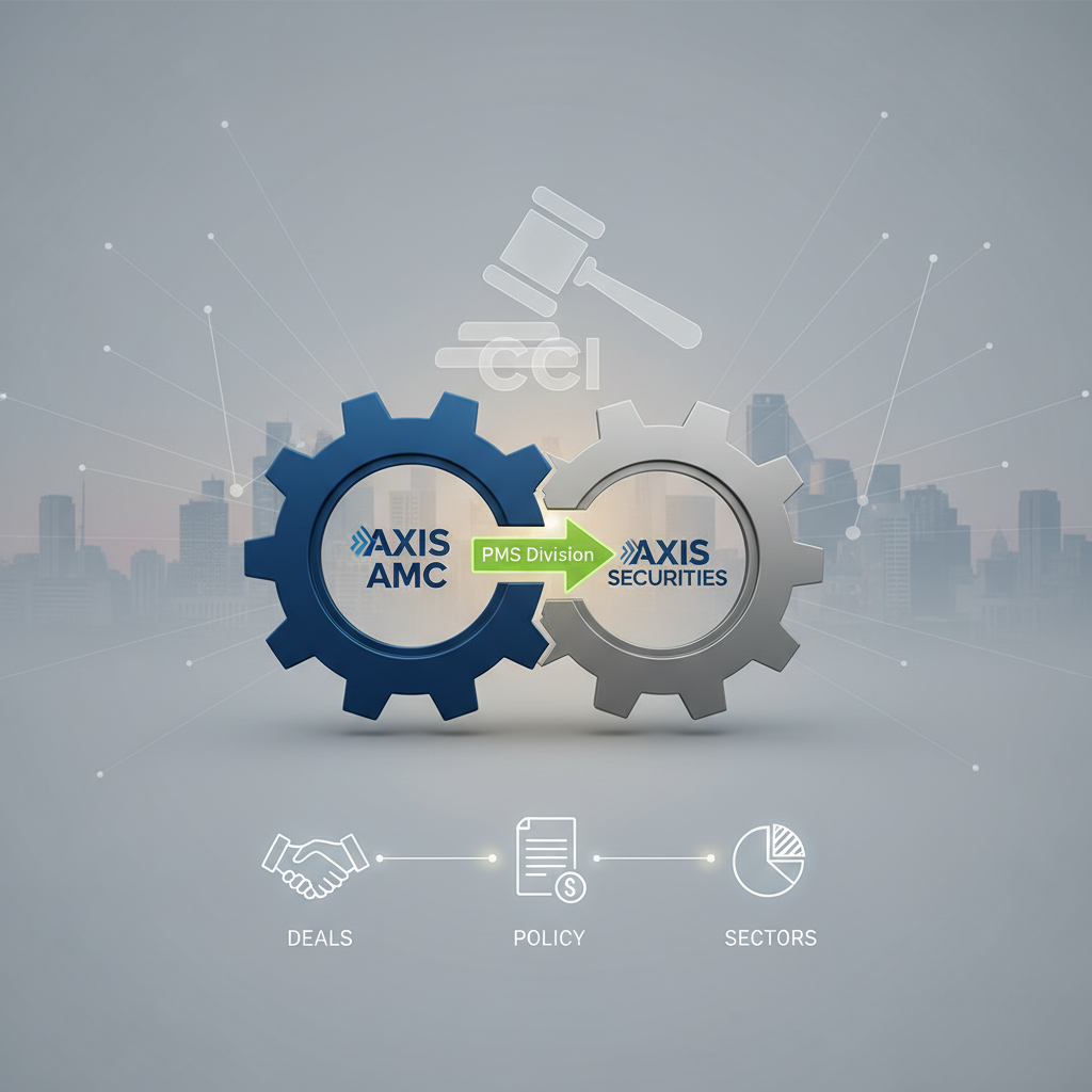Two interlocking gears representing Axis AMC and Axis Securities, with a green arrow indicating the PMS Division transfer.