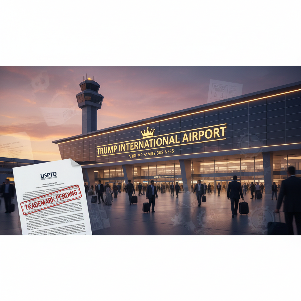An image showing a modern airport terminal with "Trump International Airport" on its facade and a "Trademark Pending" document.