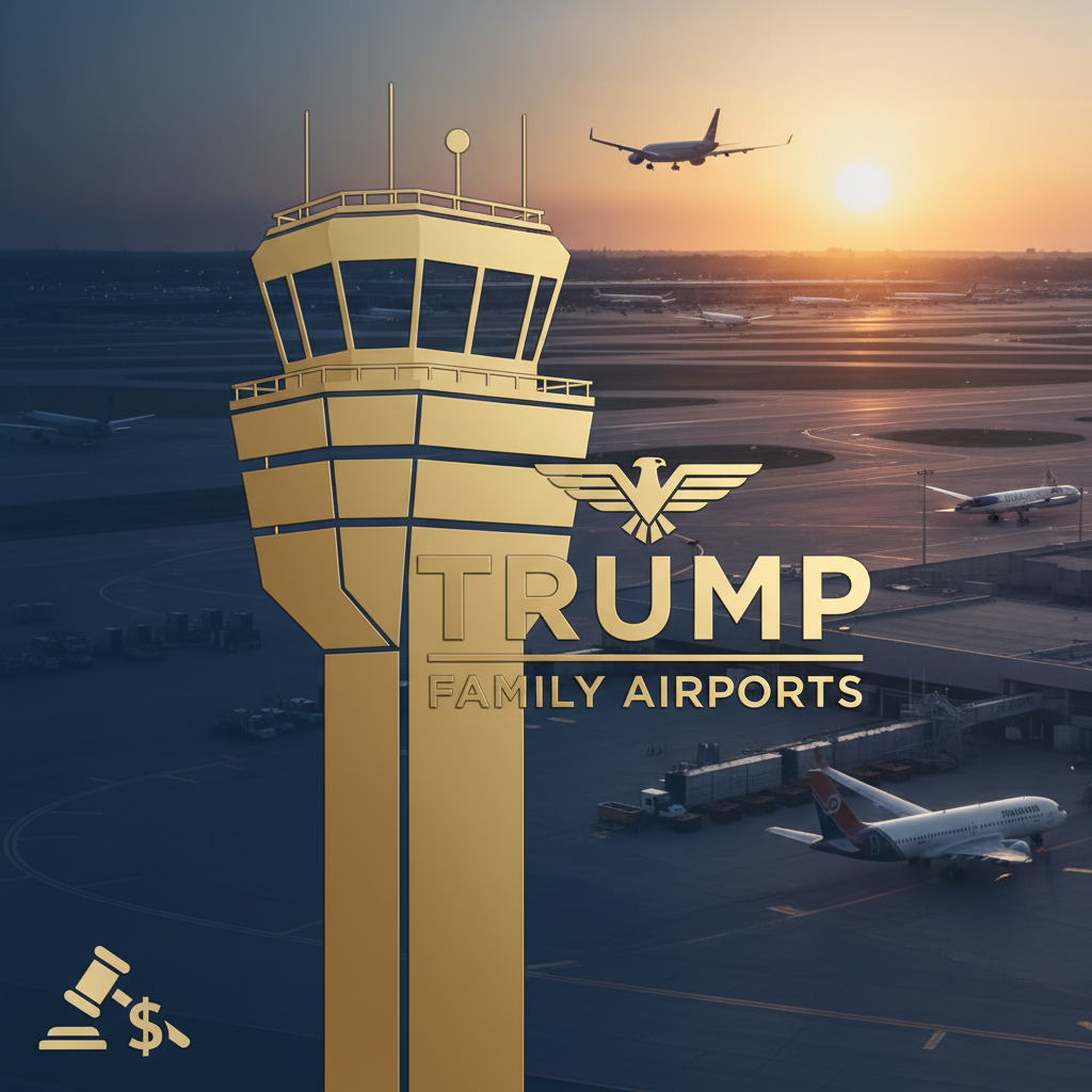 A professional image with a golden control tower, planes, and a sunset over an airport, with the text "TRUMP FAMILY AIRPORTS".