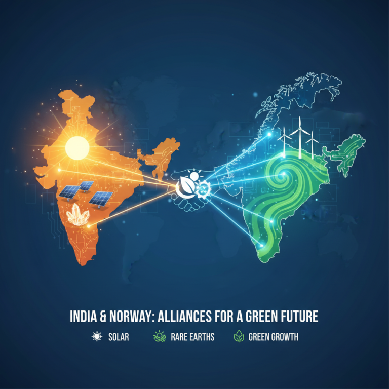 An illustrative map showing India and Norway connected by lines representing solar, rare earths, and green growth collaboration.