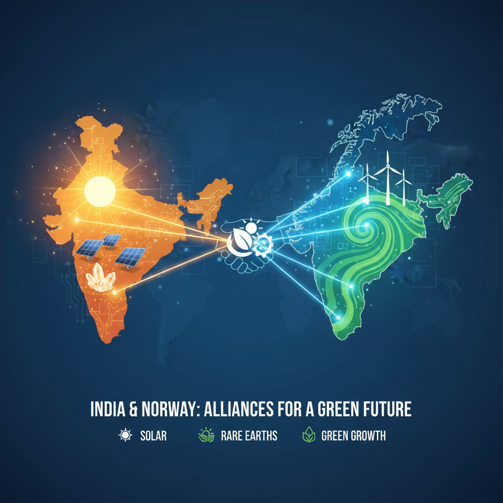 An illustrative map showing India and Norway connected by lines representing solar, rare earths, and green growth collaboration.