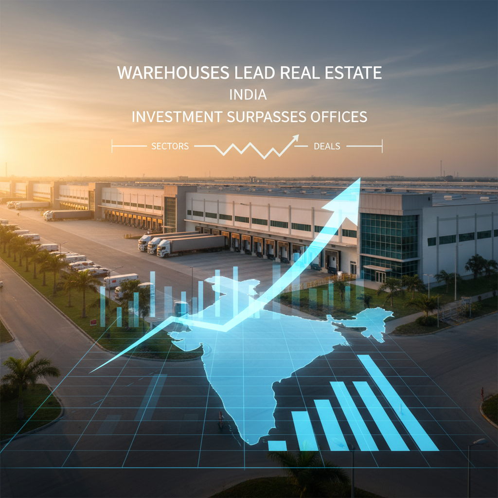 An aerial view of modern warehouses at sunset with a rising arrow chart over a map of India, symbolizing growth in real estate.