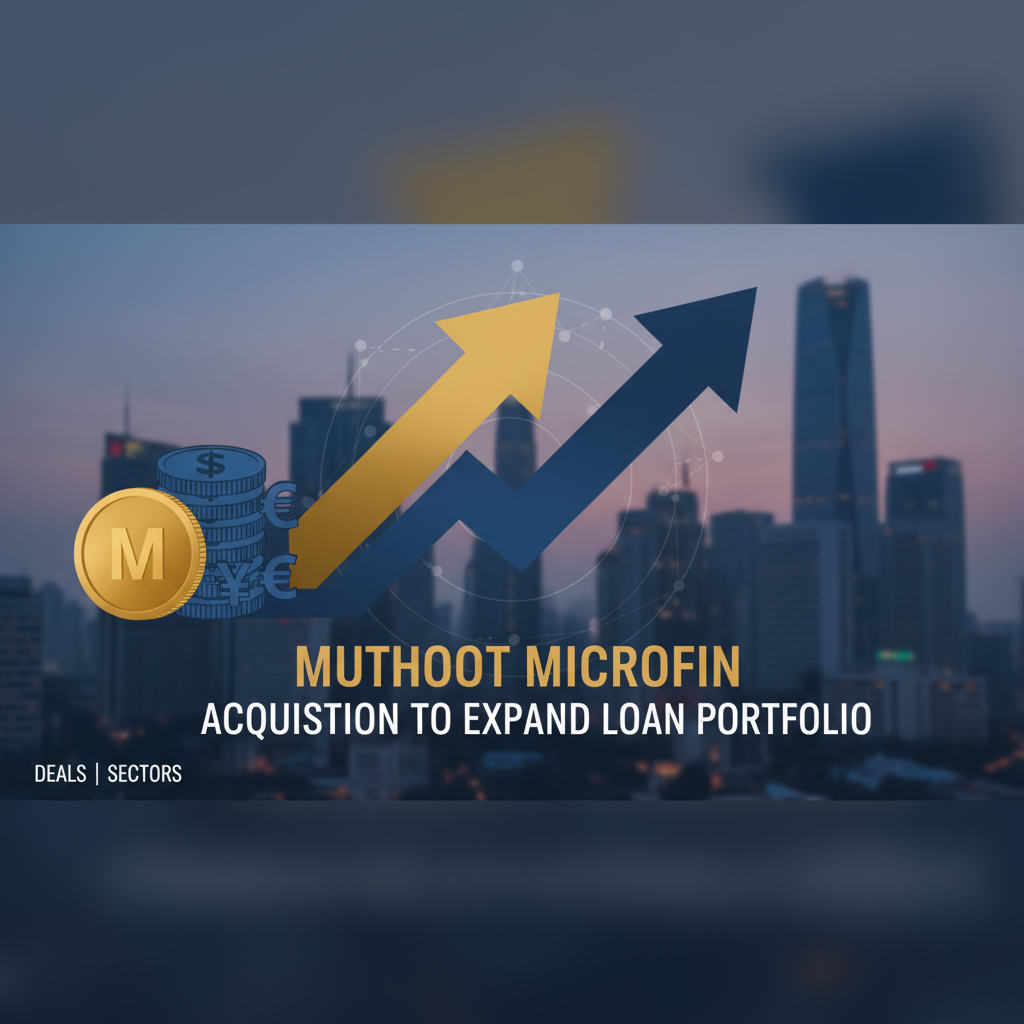 A professional image showing financial growth arrows, currency coins, and text about Muthoot Microfin's acquisition strategy.