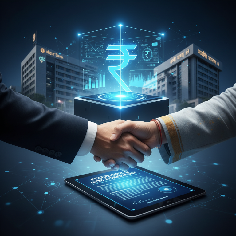 Two hands shaking above a tablet with "Fixed-Price ATM Agreement" and a glowing rupee symbol, signifying a new era for Indian banks.