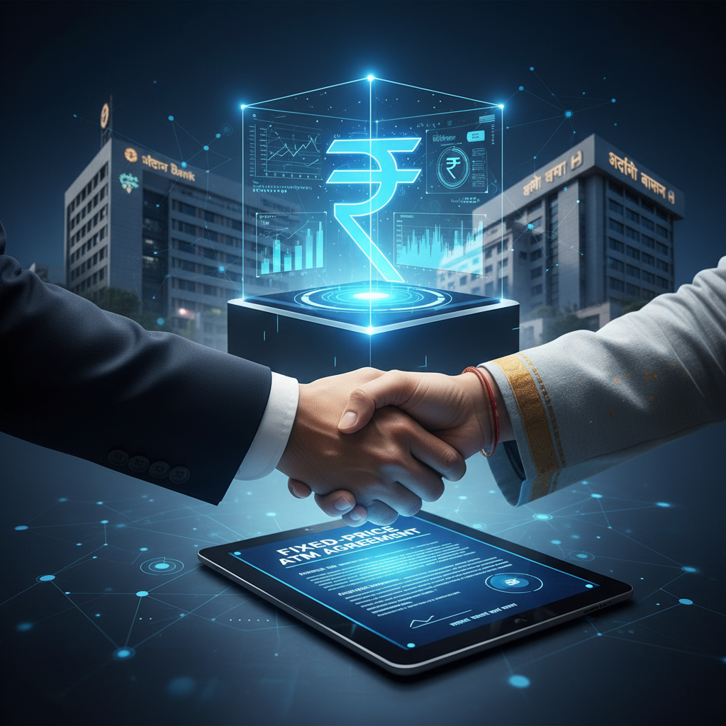 Two hands shaking above a tablet with "Fixed-Price ATM Agreement" and a glowing rupee symbol, signifying a new era for Indian banks.