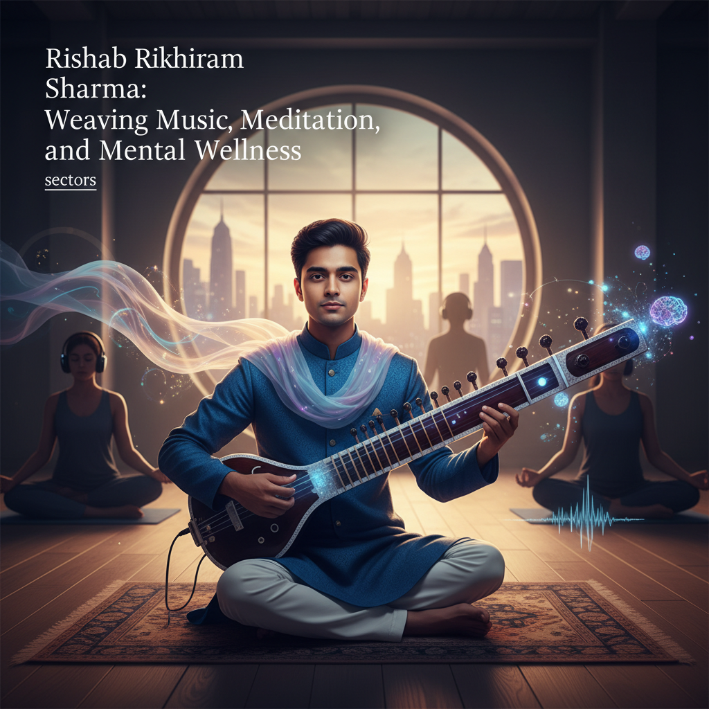 Rishab Rikhiram Sharma playing sitar, with ethereal music, meditation, and mental wellness elements.