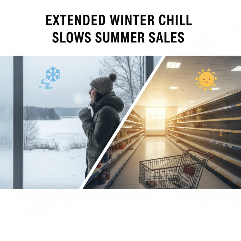 A person looking out a frosty window, superimposed with an empty grocery aisle with a sad sun icon.