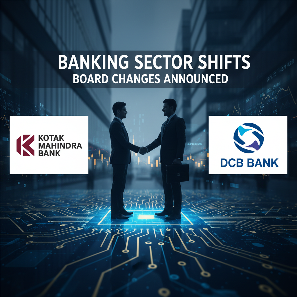 Two businessmen shaking hands, representing a corporate deal, with the logos of Kotak Mahindra Bank and DCB Bank.