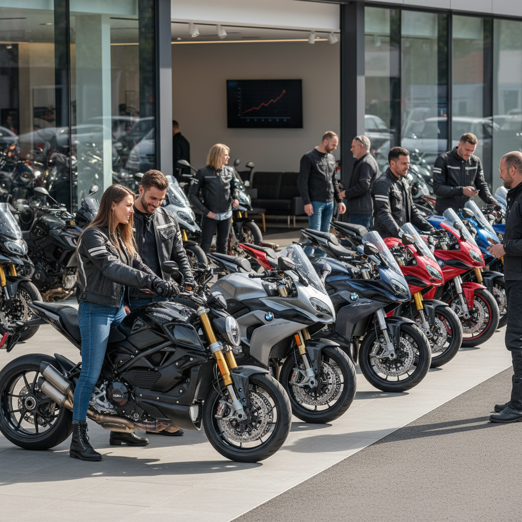 People admiring a line of premium motorcycles in front of a modern dealership, suggesting increased sales.